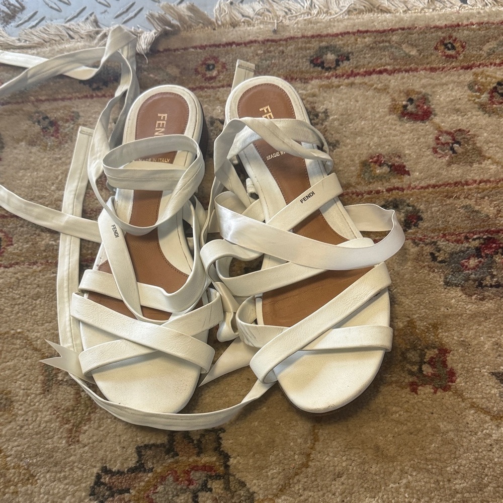 Fendi White Leather Wrap-Strap Sandals